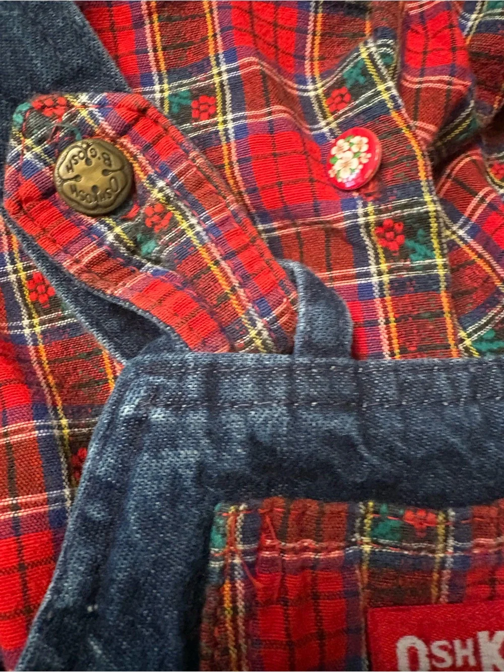 Vintage TWO-PIECE OshKosh B'gosh Denim Jumper Set Plaid Blouse 80s 90s size 3T